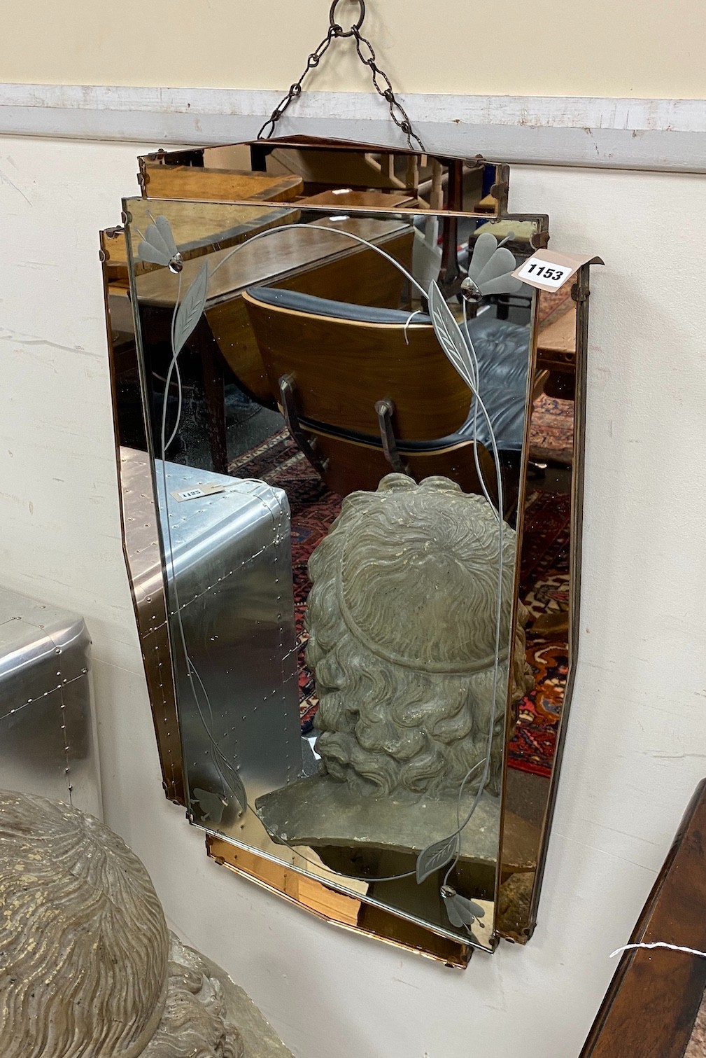 A 1930's peach and etched glass wall mirror, width 49cm, height 79cm